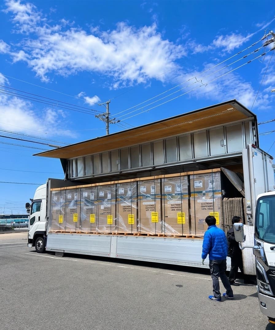 倉庫前で大型箱車に荷物を積み込む作業風景。
